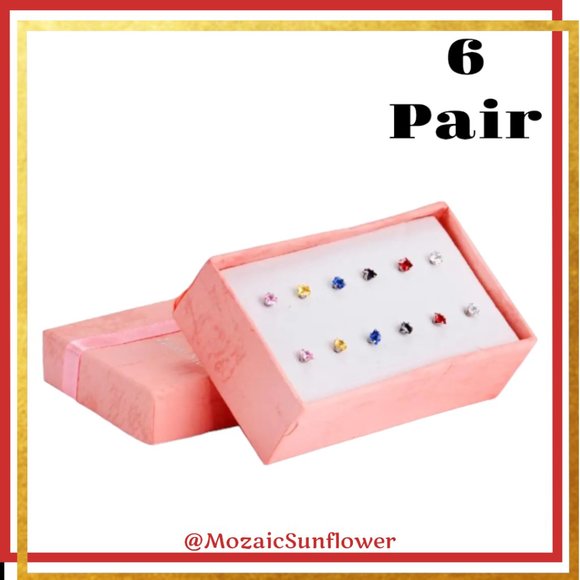 SET OF 6 Hypoallergenic 7MM Multi Color Faceted Princess Cut Stainless Steel NWT - Picture 5 of 7